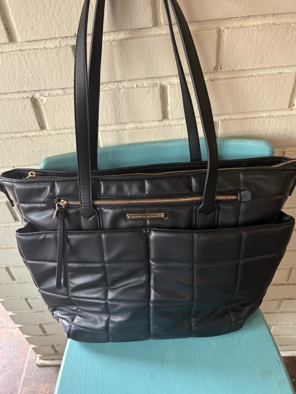 Poppy & Peonies Large Black Quilted Tote with Gold Hardware